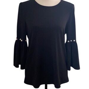 Adrianna Papell black trumpet sleeve top with pearls accent size medium